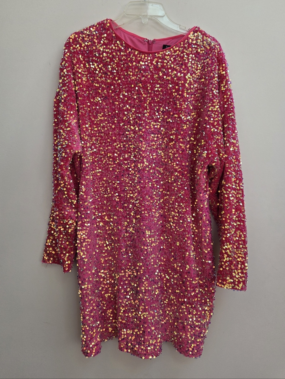 NWT Boohoo Plus Pink Sequin Batwing Longsleeve Shift Dress, Size 14